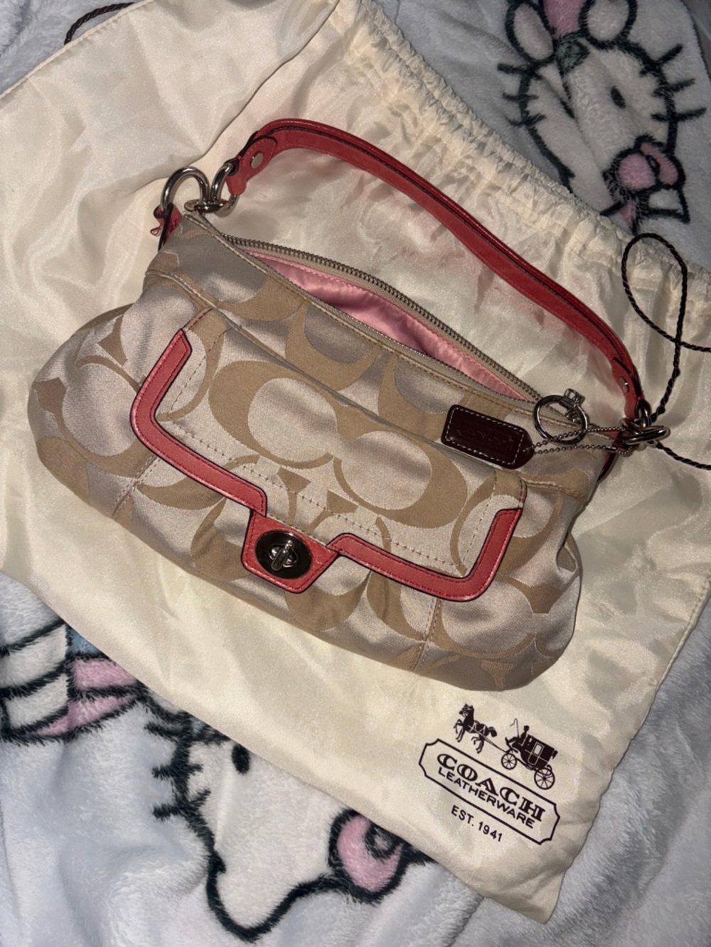 Vintage Coach Signature Canvas Shoulder Bag with Pink Trim